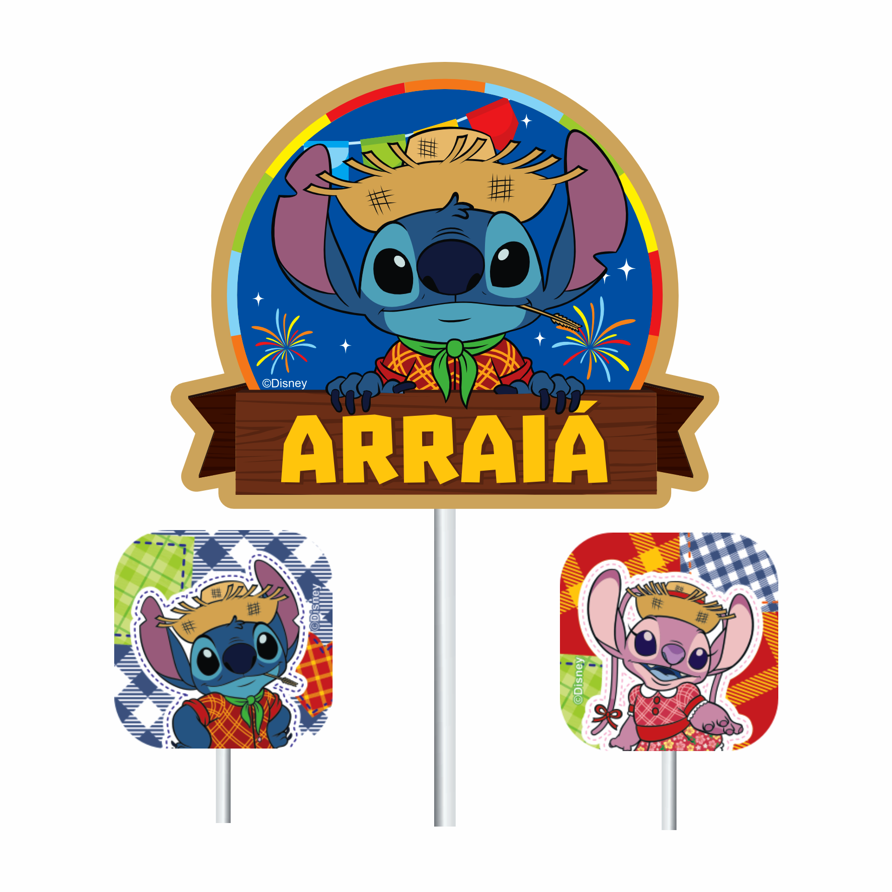 Topo de Bolo Stitch Junino “Arraiá” - 3 Pçs